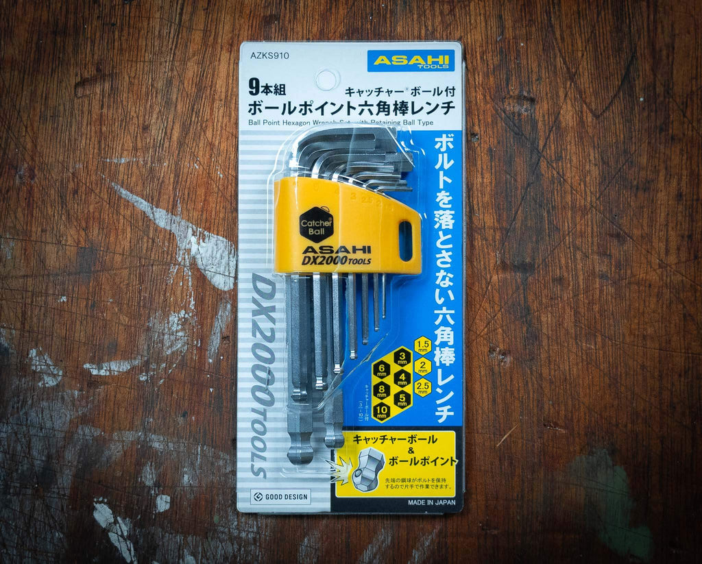 Asahi CATCHER BALL 9 piece short Allen Key Hex Set packaging on wooden background